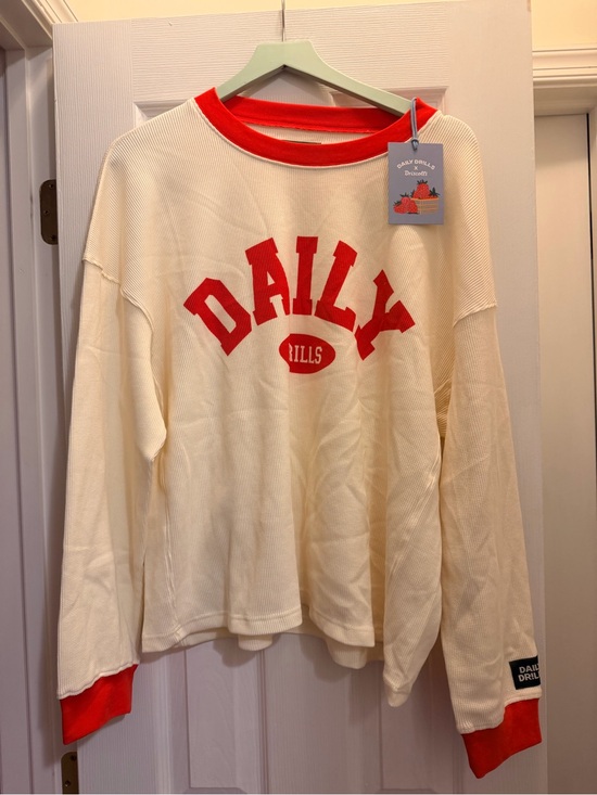 Daily Drills Tops - Daily Drills x Driscolls Cream Long Sleeve Tee with Red Trim and Logo